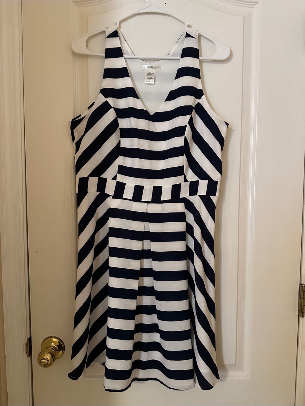 Esley Navy and White Striped Sleeveless Fit-and-Flare Dress